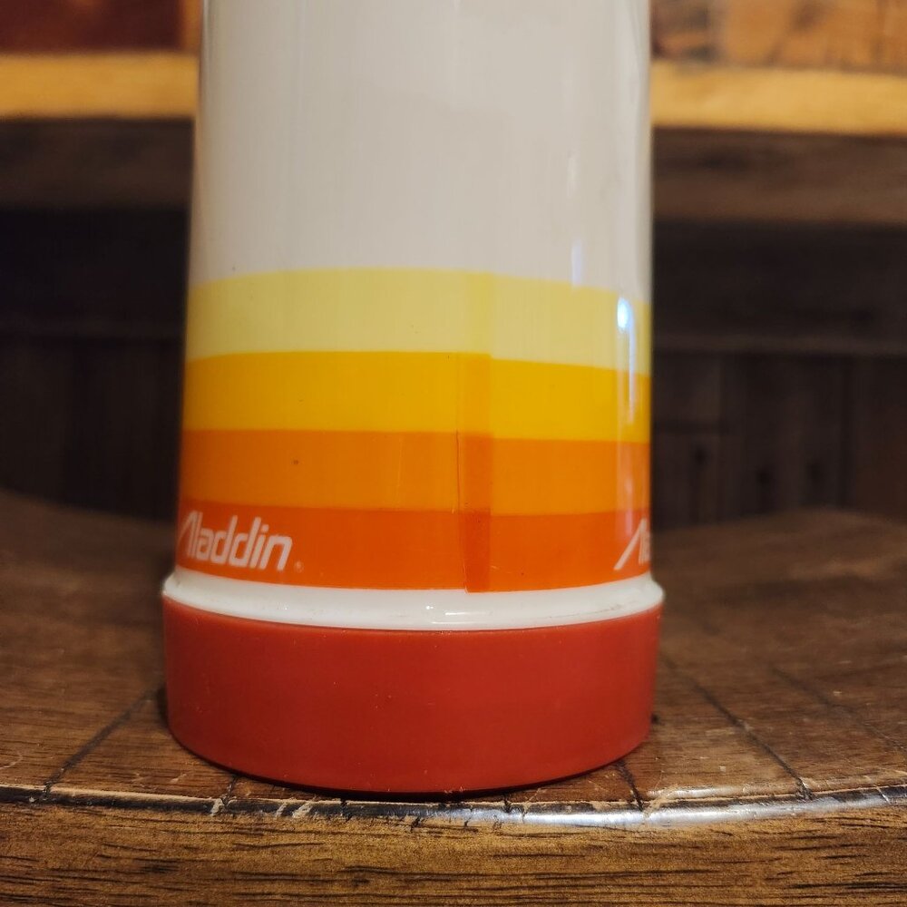 Vintage 80s Aladdin Thermos 16oz Red Yellow Orange Stripe Retro Camping Lip Cup - Picture 3 of 8